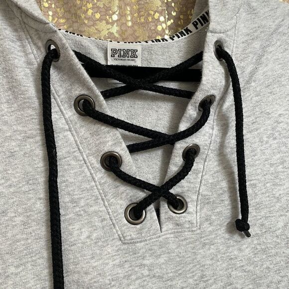 PINK Victoria’s Secret gray/black lace up tunic hoodie, size XS - Picture 2 of 5
